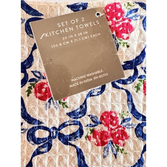 NEW Set 2 Kitchen Towels BLUE BOWS & ROSES Maison Home 100% Cotton Blue & White - Picture 3 of 6